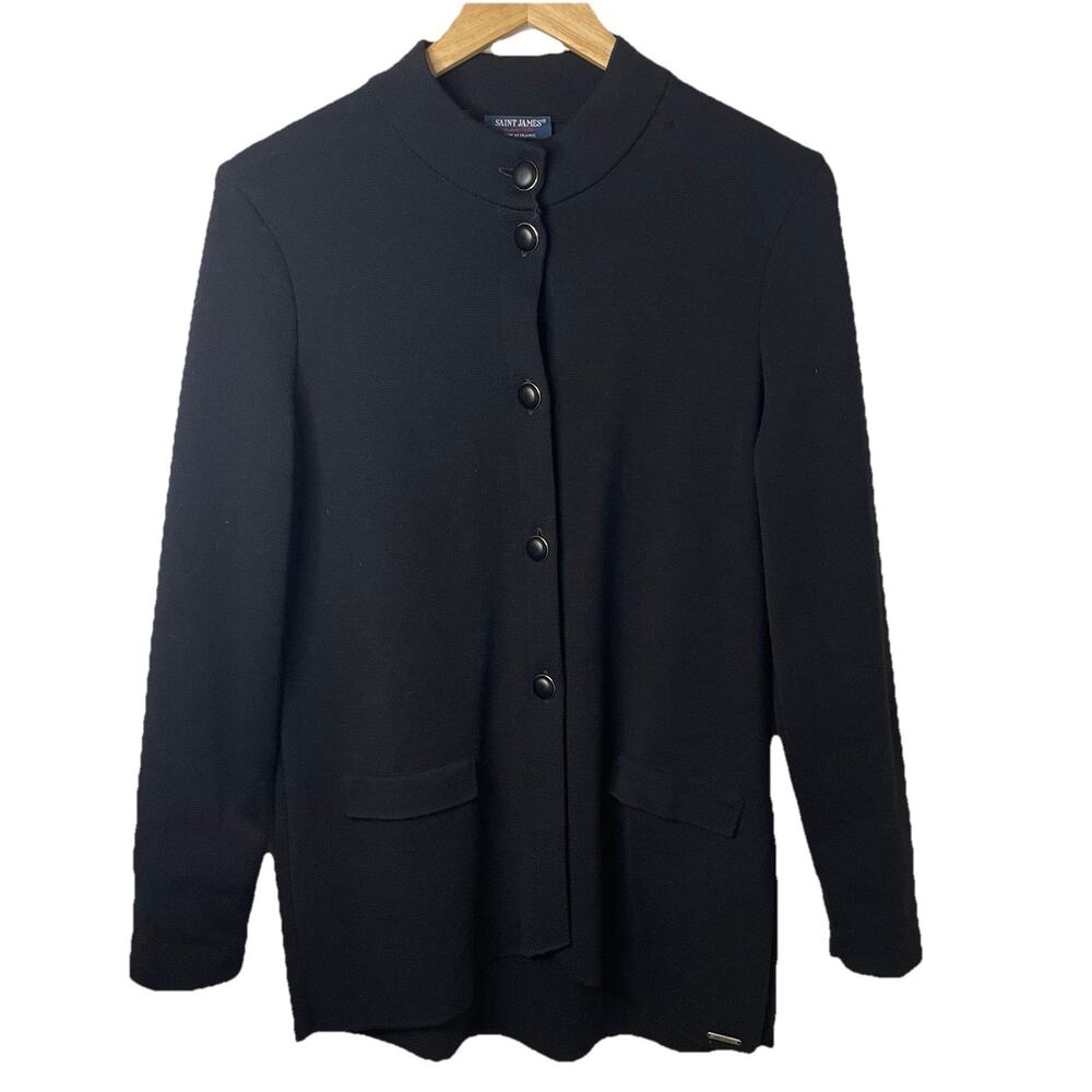 VTG SAINT JAMES France Black Wool Cardigan Jacket Shacket -38 Chest / M/L -FLAW